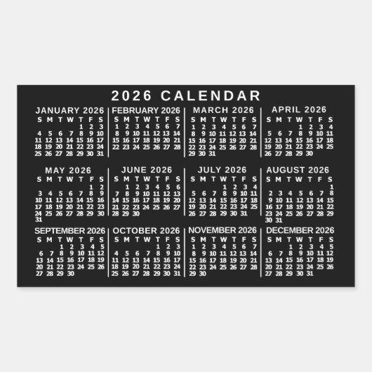 2026 Year Monthly Calendar Classic Black and White Rechteckiger Aufkleber (Vorderseite)