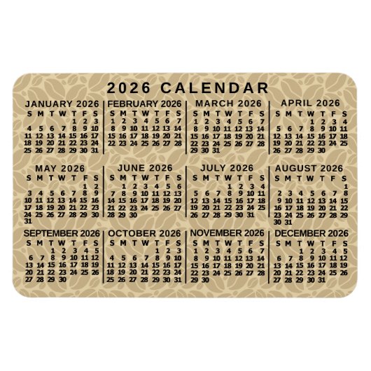 2026 Year Monthly Calendar Light Coffee Beans Magnet (Horizontal)