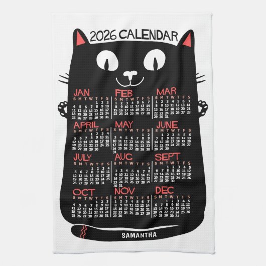 2026 Year Monthly Calendar Mid-Century Black Cat Geschirrtuch (Vertikal)