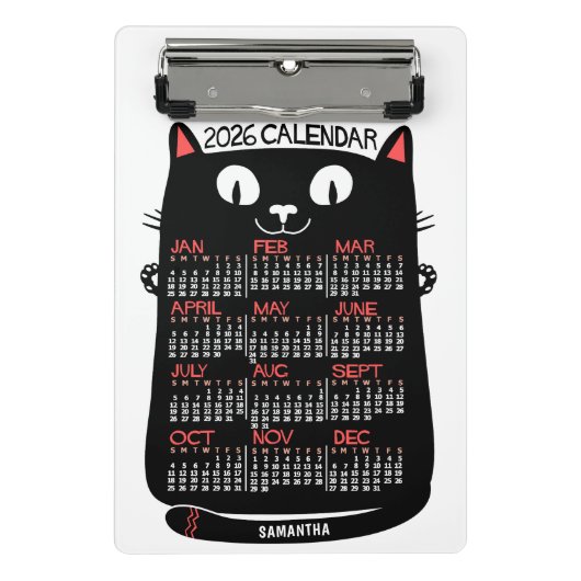 2026 Year Monthly Calendar Mid-Century Black Cat Mini Klemmbrett (Vorderseite)