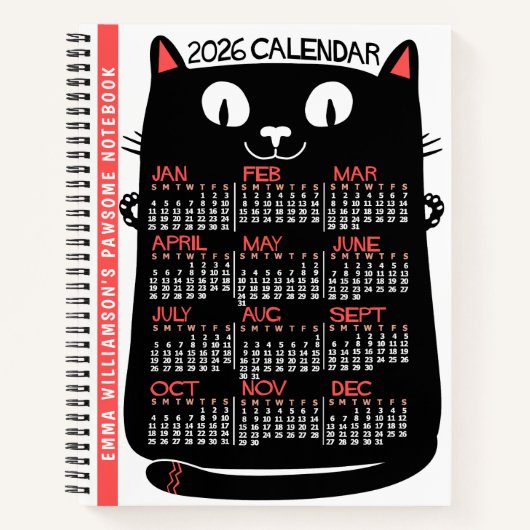2026 Year Monthly Calendar Mid-Century Black Cat Notizblock (Vorderseite)