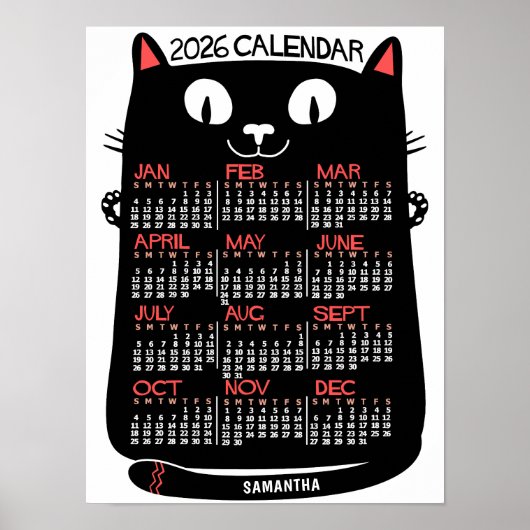 2026 Year Monthly Calendar Mid-Century Black Cat Poster (Vorne)