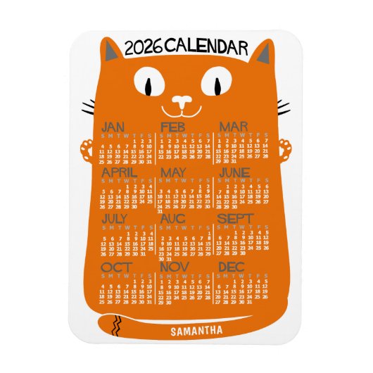 2026 Year Monthly Calendar Mid-Century Orange Cat Magnet (Vertikal)