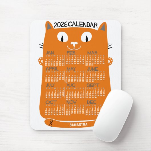 2026 Year Monthly Calendar Mid-Century Orange Cat Mousepad (Mit Mouse)