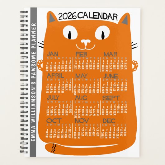 2026 Year Monthly Calendar Mid-Century Orange Cat Planer (Vorderseite)