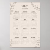 2026 Yearly Calendar Floral Line Art Minimalistisc Poster (Vorne)