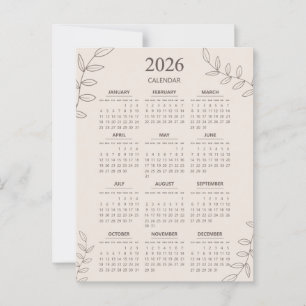 2026 Yearly Calendar Floral Line Art Minimalistisc Postkarte