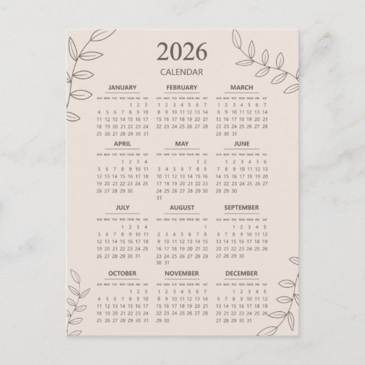 2026 Yearly Calendar Floral Line Art Minimalistisc Postkarte (Vorderseite)