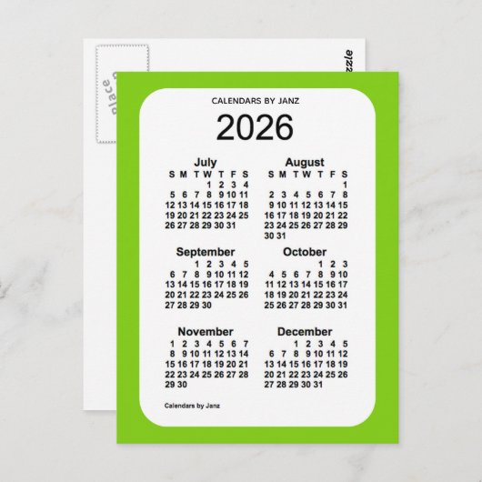 2026 Yellow Green 6 Month Mini Calendar von Janz Postkarte (Vorne/Hinten)