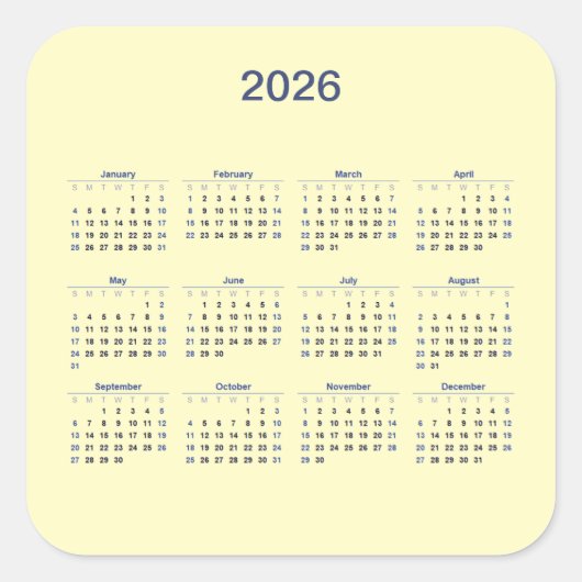 2026 Zwölfmonatiger Kalender Quadratischer Aufkleber (Vorderseite)