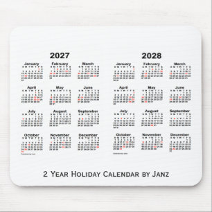 2027-2028 weißer 2-jähriger Feiertags-Kalender Mousepad