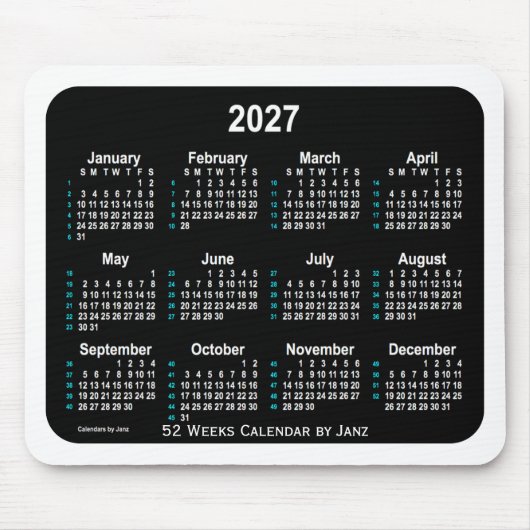 2027 Black Neon 52 Weeks Calendar von Janz Mousepad (Vorne)