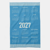 2027 Calendar, Greek Fret, Cosmic Latte on Blue Geschirrtuch (Vertikal)