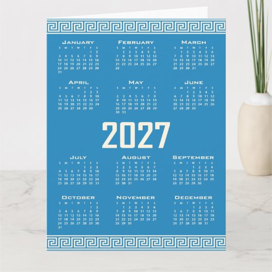 2027 Calendar, Greek Fret, Cosmic Latte on Blue Karte (Vorderseite)