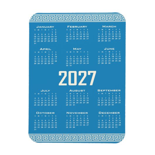 2027 Calendar, Greek Fret, Cosmic Latte on Blue Magnet (Vertikal)