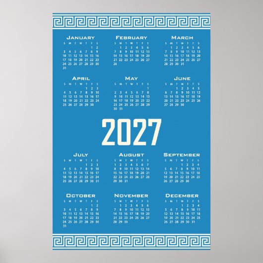 2027 Calendar, Greek Fret, Cosmic Latte on Blue Poster (Vorne)