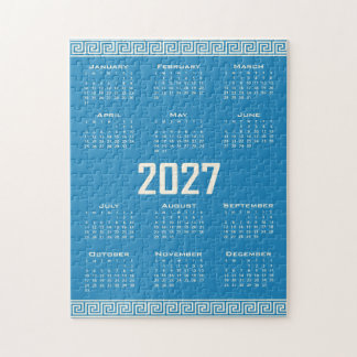 2027 Calendar, Greek Fret, Cosmic Latte on Blue Puzzle