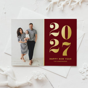2027 Fette Typografie Burgunder Neujahrsfoto Folien Feiertagspostkarte