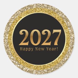2027 frohes neues Jahr, goldene schwarze metallisc Runder Aufkleber