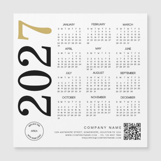 2027 Gold Weiß Kalender Logo QR Code Geschäft Magnetkarte (Vorderseite)