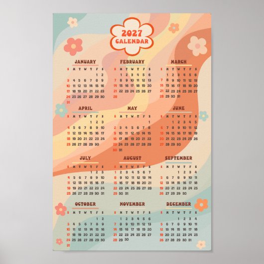 2027 Jahreskalender Groovy Vintage Pastell-Swirle Poster (Vorne)