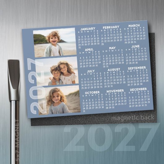 2027 Kalender - 3 Fotos Basic Blau Minimal Magnet