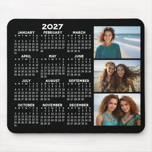 2027 Kalender 3 Fotos Basic Schwarz Minimal Mousepad (Vorne)