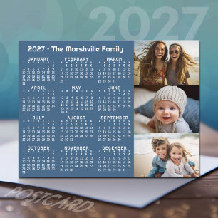 2027 Kalender 3 Fotos Minimal Blau Weiß Feiertagspostkarte