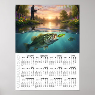 2027 Kalender, Bassangeln, Frühling Fluss / Fisch Poster