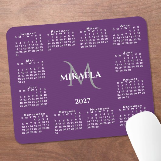 2027 Kalender Chic Monogramm Name auf Lila Mousepad