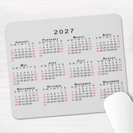 2027 Kalender Einfach Grau Schwarz Rot Mousepad