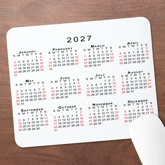 2027 Kalender Einfach Weiß Schwarz Rot Mousepad
