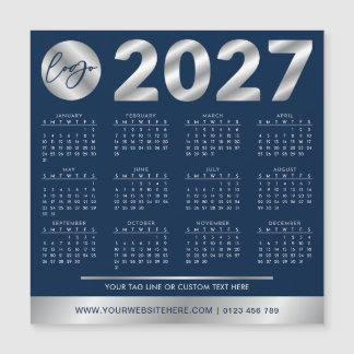 2027 Kalender Firmenlogo Navy & Silber Magnetkarte