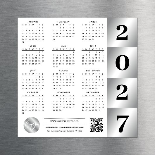 2027 Kalender Geschäft Logo QR Code Chrome Silber Magnetkarte