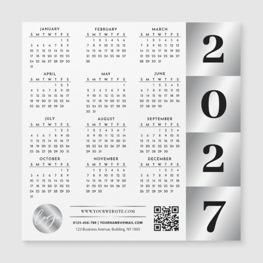 2027 Kalender Geschäft Logo QR Code Chrome Silber Magnetkarte (Vorderseite)