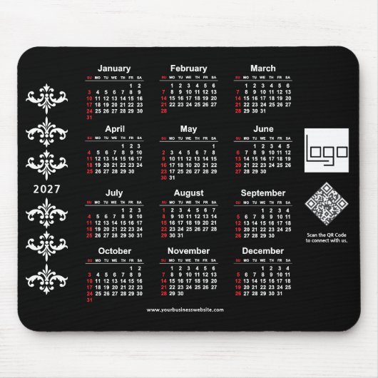 2027 Kalender Geschäft Logo QR Code Schwarz Barock Mousepad (Vorne)