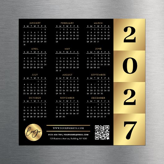 2027 Kalender Geschäft Logo QR Code Schwarz & Gold Magnetkarte