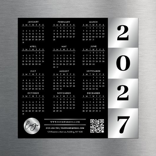 2027 Kalender Geschäft Logo QR Code Schwarz & Silb Magnetkarte