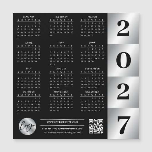 2027 Kalender Geschäft Logo QR Code Schwarz & Silb Magnetkarte (Vorderseite)