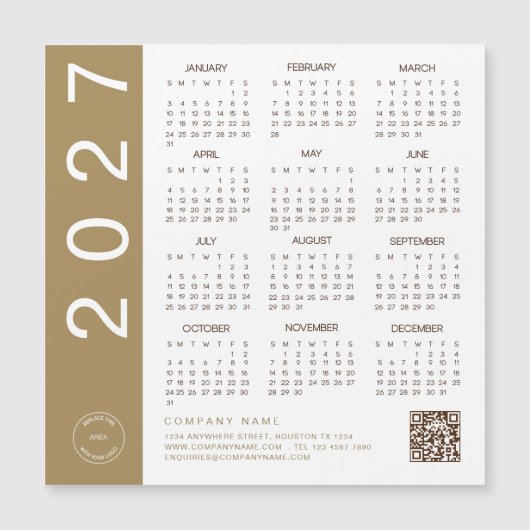 2027 Kalender Gold Text QR-Code Firmenlogo Magnetkarte (Vorderseite)