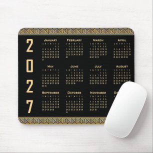 2027 Kalender, Griechisches Fret, Beige auf Schwar Mousepad