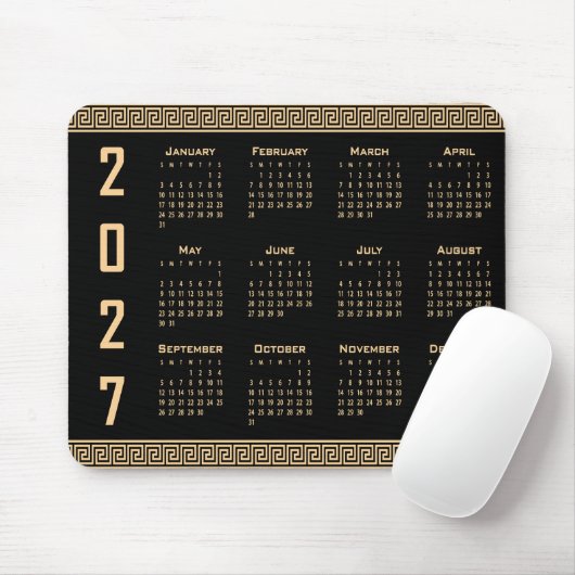 2027 Kalender, Griechisches Fret, Beige auf Schwar Mousepad (Mit Mouse)