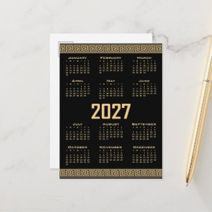 2027 Kalender, Griechisches Fret, Beige auf Schwar Postkarte