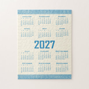 2027 Kalender, Griechisches Fret, Blau auf Cosmic Puzzle