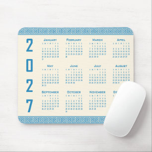 2027 Kalender, Griechisches Mäander, Blau auf Cosm Mousepad