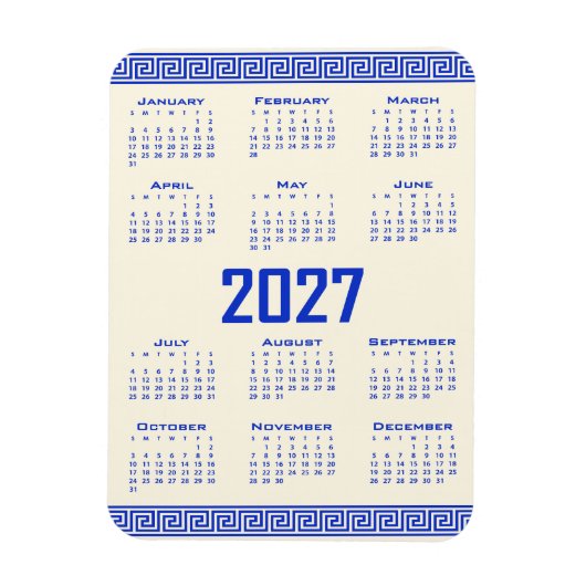 2027 Kalender, Griechisches Mäander, Griechisch Bl Magnet (Vertikal)