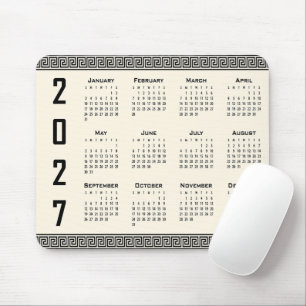 2027 Kalender, Griechisches Mäander, Schwarz auf B Mousepad