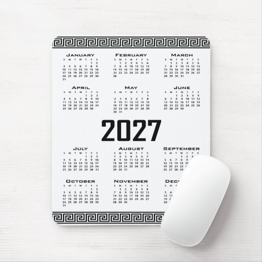 2027 Kalender, Griechisches Mäander, Schwarz auf W Mousepad (Mit Mouse)