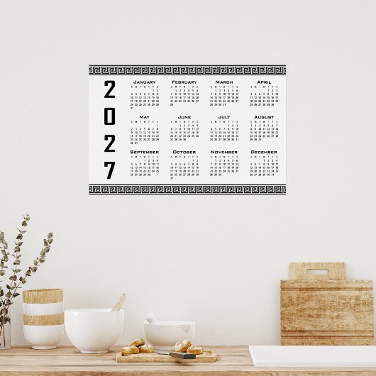 2027 Kalender, Griechisches Mäander, Schwarz auf W Poster (Küche)