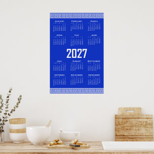 2027 Kalender, Griechisches Mäander, Weiß auf Grie Poster